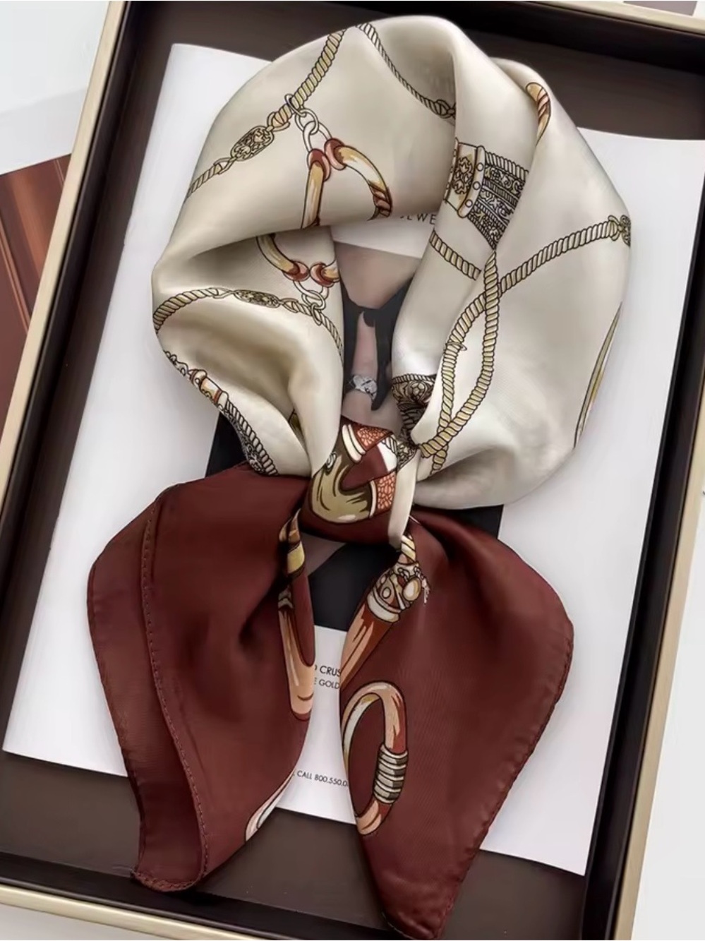 Silk Print Neck Scarf in Cream and Brown